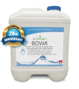 Kemgro Crop Solutions Bowa 20 Litre product, to assist organic fertilizer, with 20th Anniversary badge for About page.